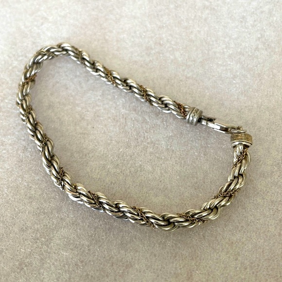 Vintage heavy Sterling Silver rope bracelet with 14k gold chain overlay. Mkd - Picture 2 of 6